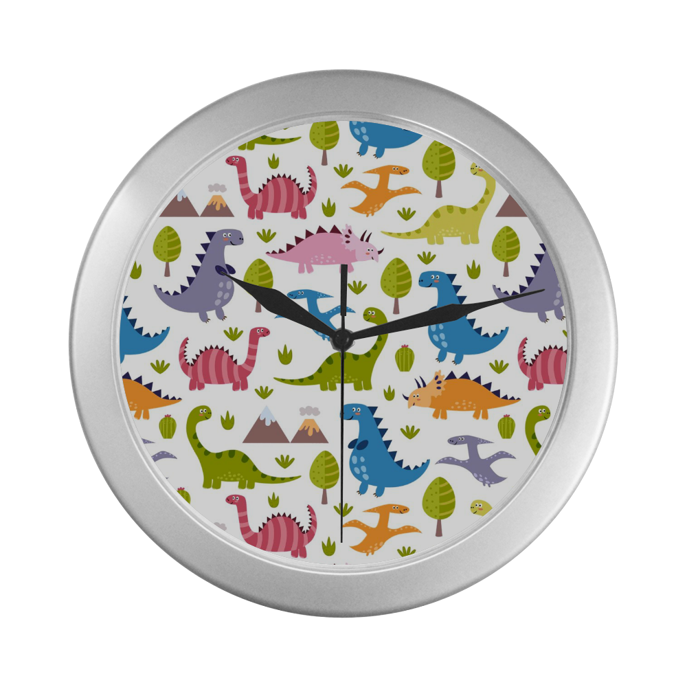 Dinosaur Pattern Silver Color Wall Clock