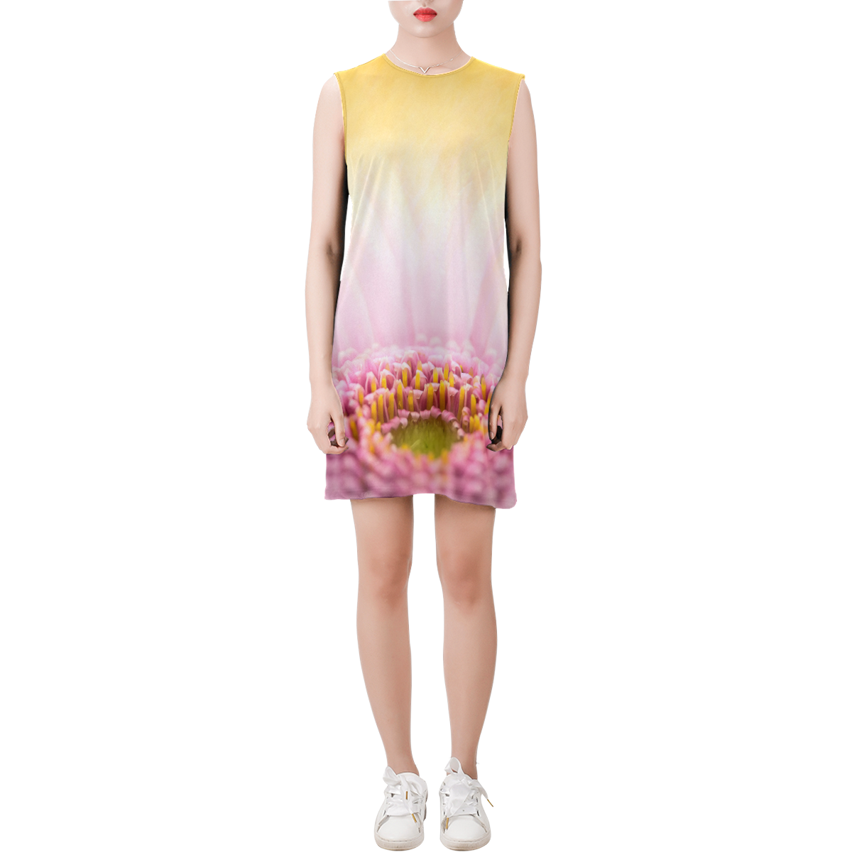 Gerbera Daisy - Pink Flower on Watercolor Yellow Sleeveless Round Neck Shift Dress (Model D51)