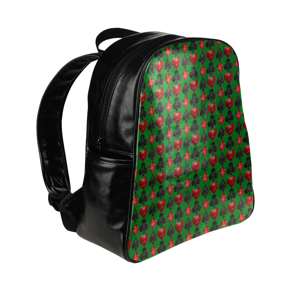 Black and Red Casino Poker Card Shapes on Green Multi-Pockets Backpack (Model 1636)
