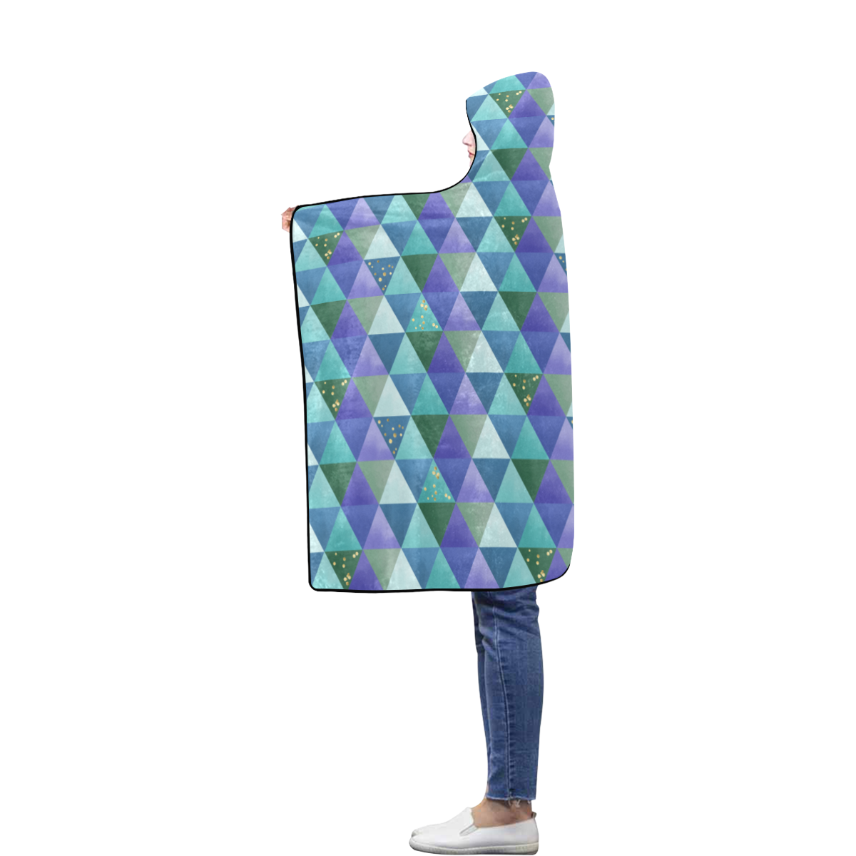 Triangle Pattern - Blue Violet Teal Green Flannel Hooded Blanket 40''x50''
