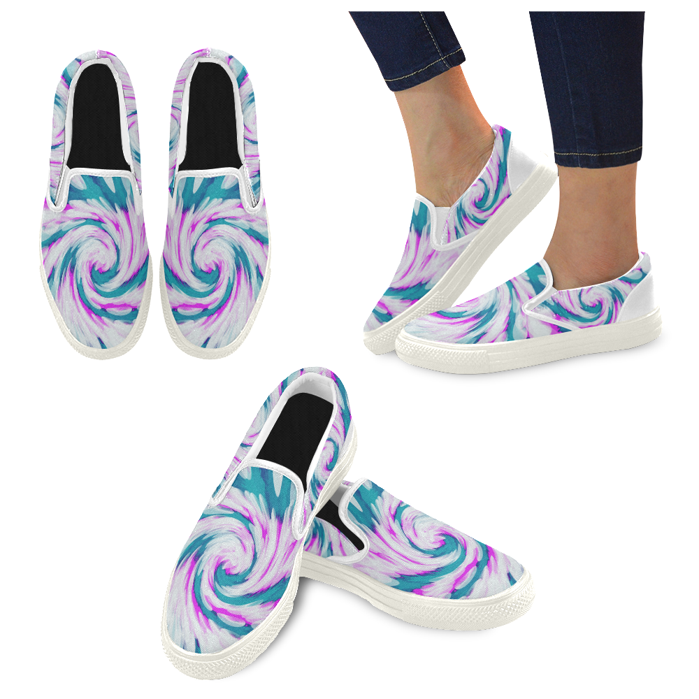 Turquoise Pink Tie Dye Swirl Abstract Men's Slip-on Canvas Shoes (Model 019)