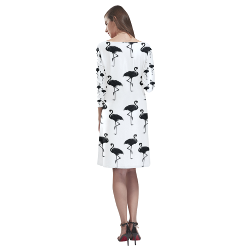 Flamingos Pattern Black and White Rhea Loose Round Neck Dress(Model D22)