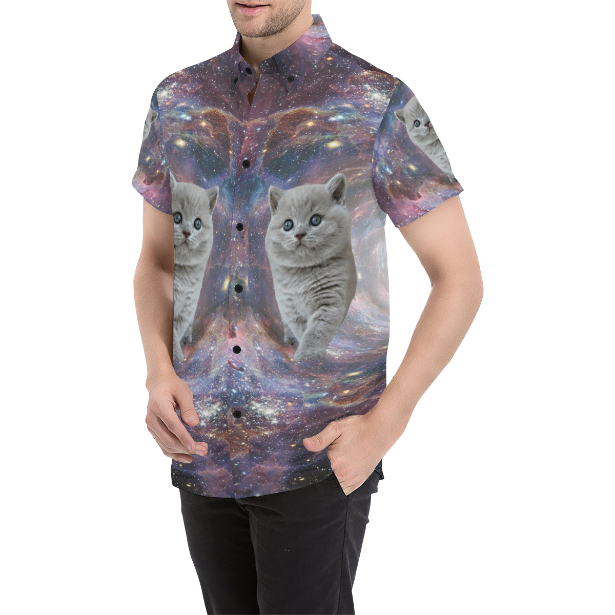 Galaxy Cat Men's All Over Print Short Sleeve Shirt (Model T53)