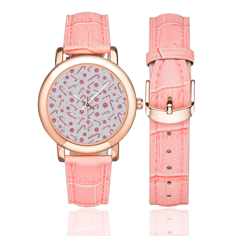 Candy CANE WHITE Women's Rose Gold Leather Strap Watch(Model 201)