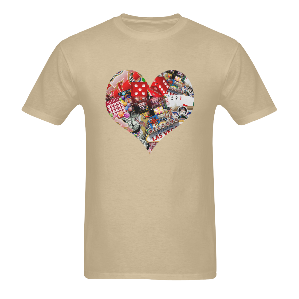 Heart Playing Card Shape - Las Vegas Icons on Brown Men's Heavy Cotton T-Shirt/Large (Two Side Printing)