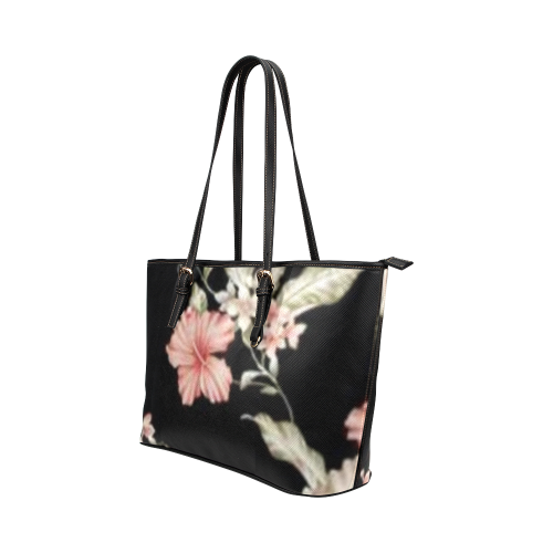 fancy pink florals on black leather tote bag large Leather Tote Bag/Large (Model 1651)