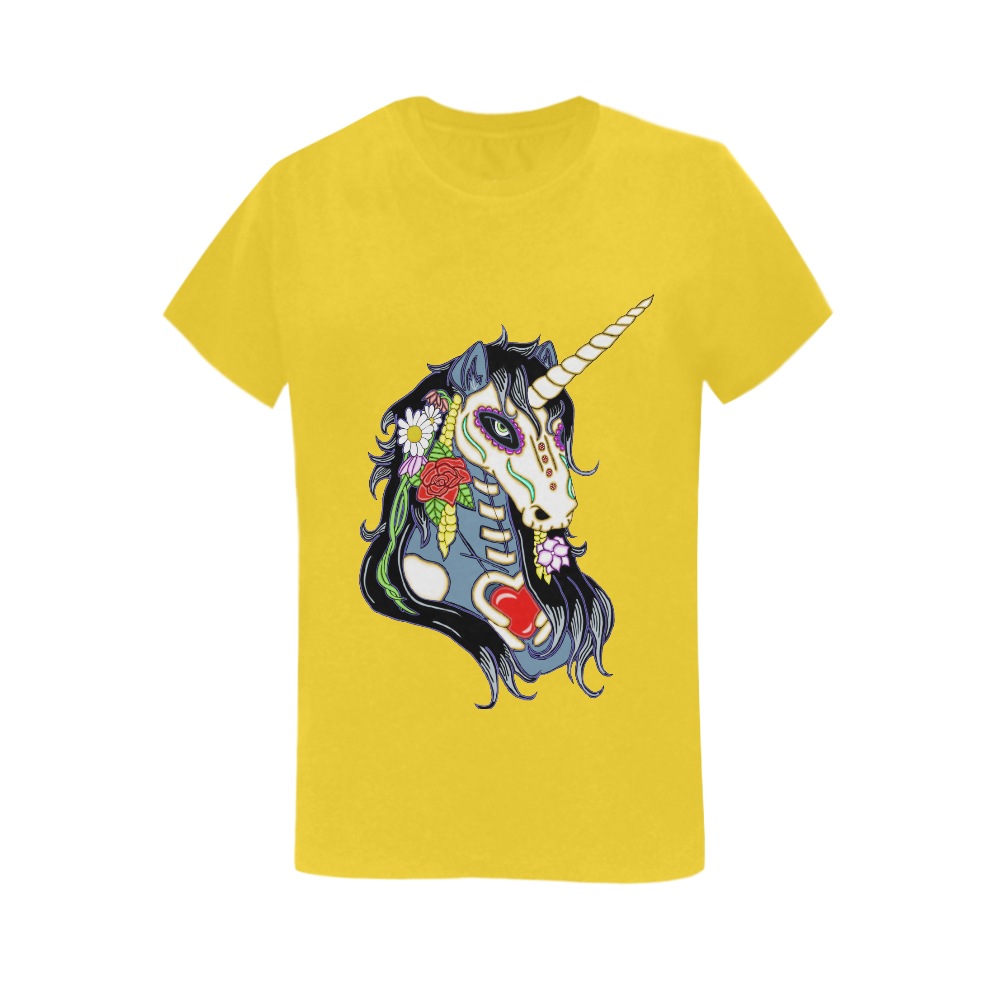 Spring Flower Unicorn Skull Yellow Women's T-Shirt in USA Size (Two Sides Printing)