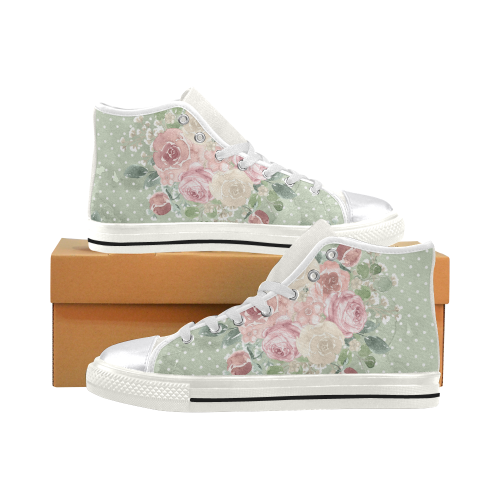 Green Pink Floral Shoes, Watercolor Women's Classic High Top Canvas Shoes (Model 017)