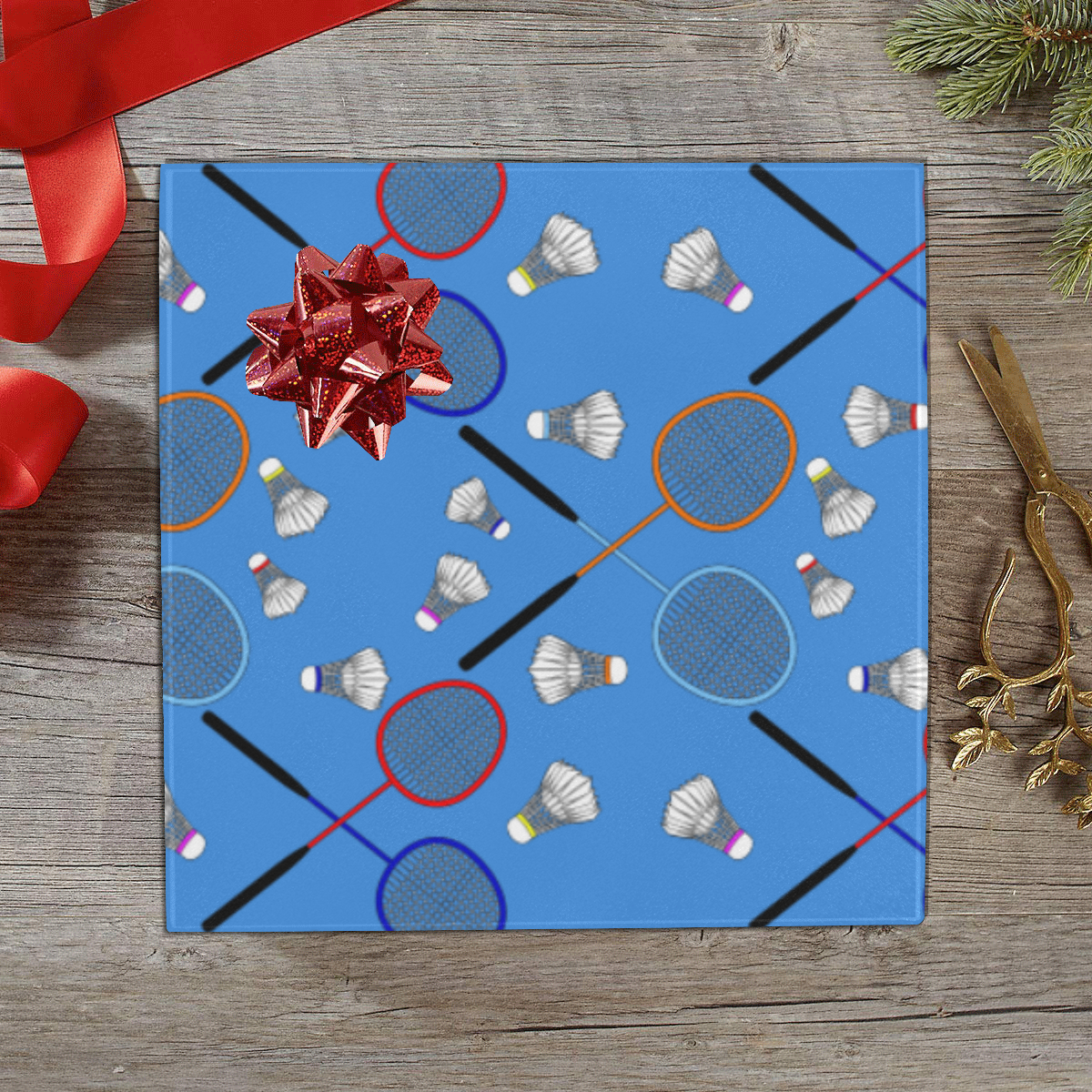 Badminton Rackets and Shuttlecocks Pattern Sports Blue Gift Wrapping Paper 58"x 23" (2 Rolls)