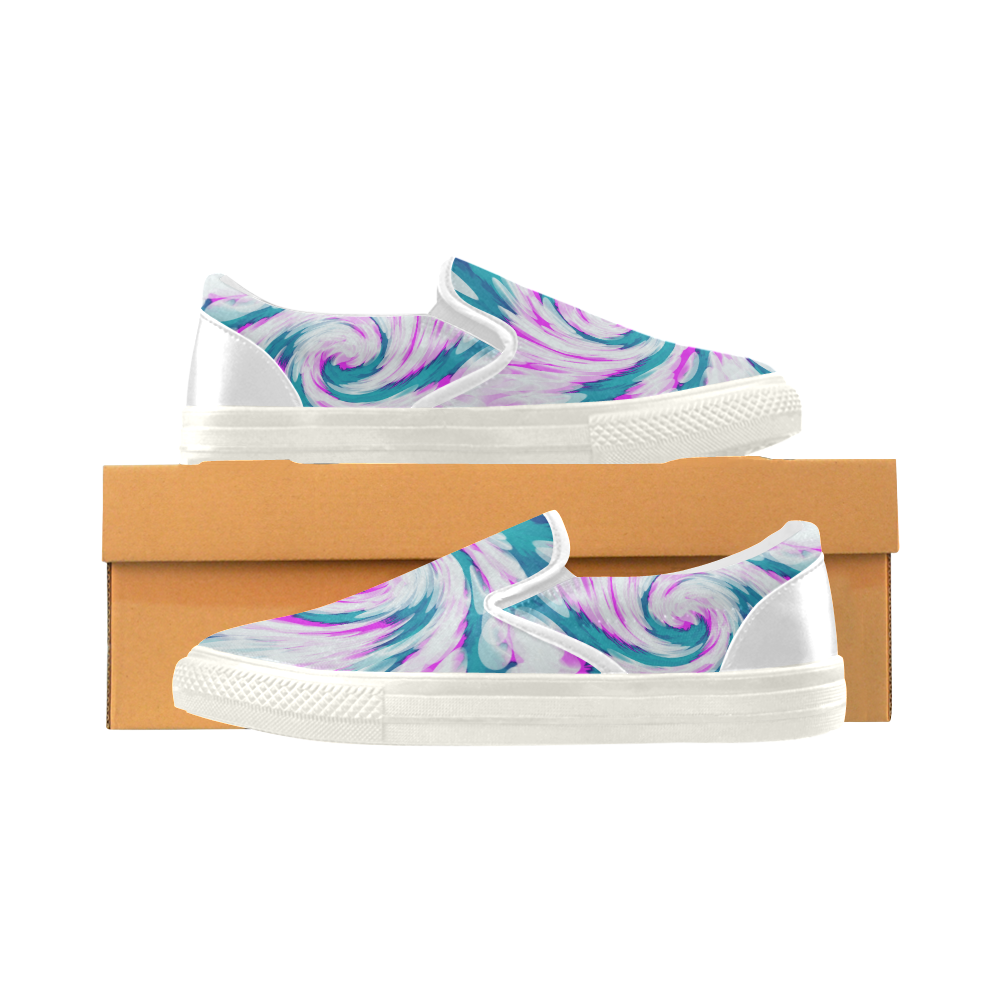 Turquoise Pink Tie Dye Swirl Abstract Men's Unusual Slip-on Canvas Shoes (Model 019)