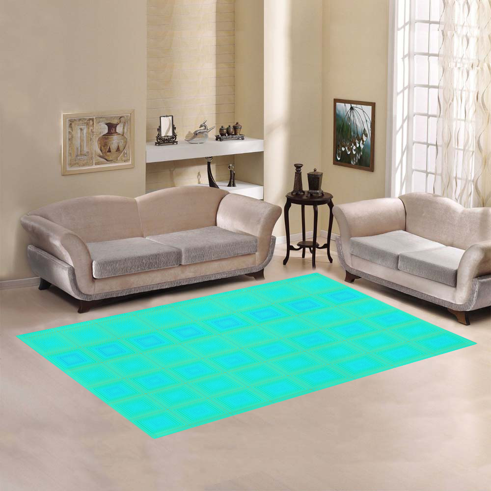 Baby blue yellow multicolored multiple squares Area Rug7'x5'