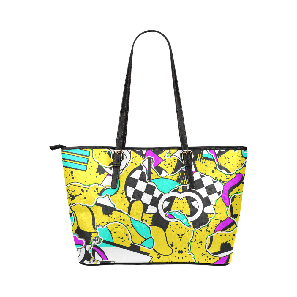 Shapes on a yellow background Leather Tote Bag/Large (Model 1651)
