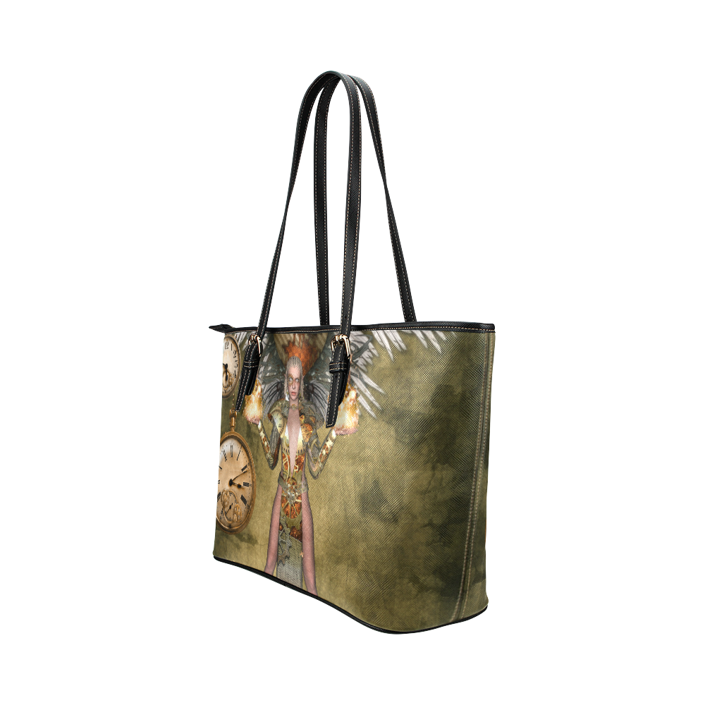 Steampunk lady with clocks and gears Leather Tote Bag/Large (Model 1651)