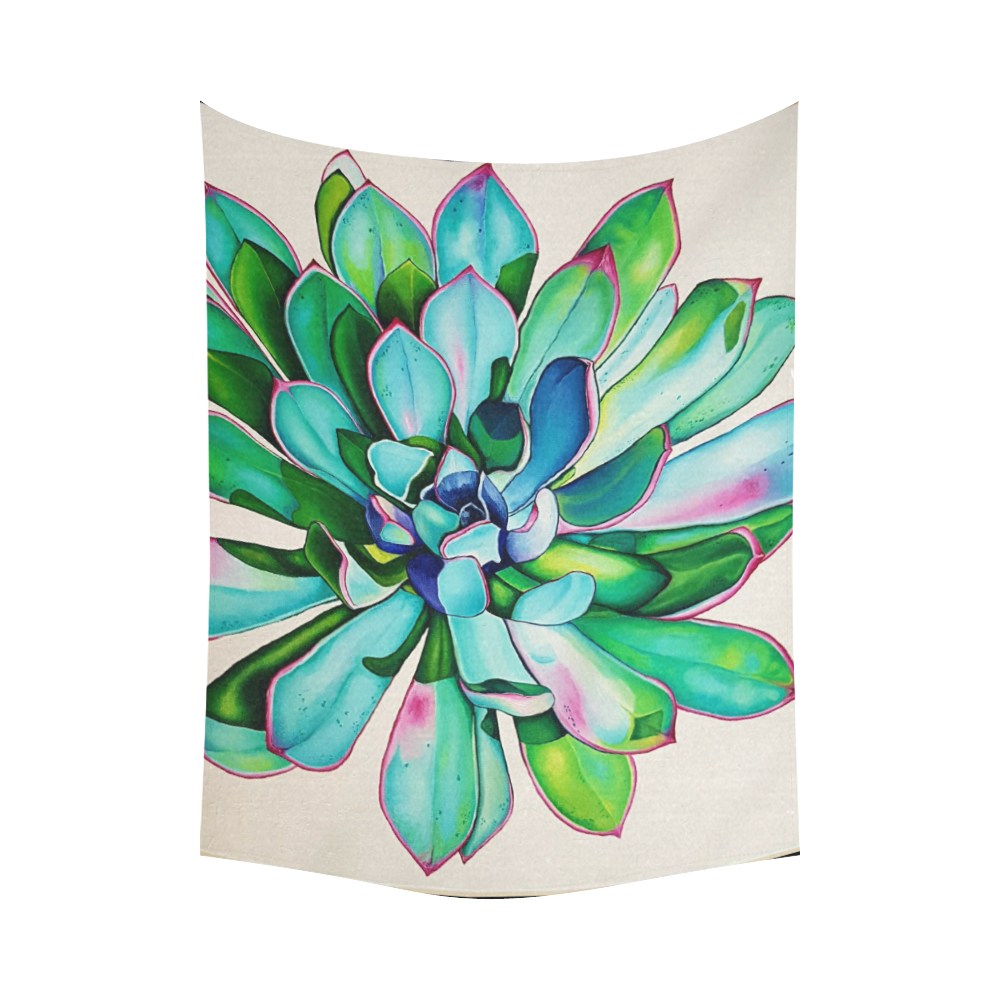 CACTI in Blue and Pink Cotton Linen Wall Tapestry 80"x 60"