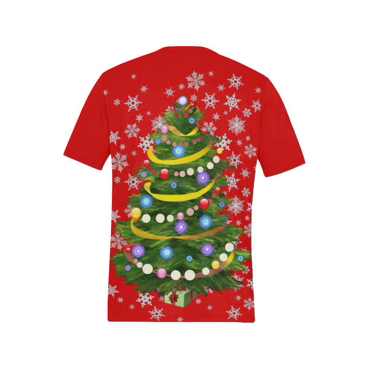 Snowflakes and Christmas Tree with Gift on red Men's All Over Print T-Shirt (Solid Color Neck) (Model T63)