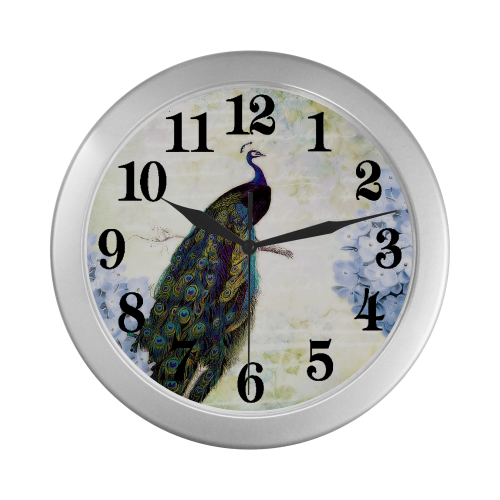 Peacock and hydrangea Silver Color Wall Clock