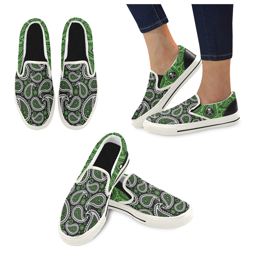 LADIES_PAISLEY_LIME_WHT Women's Unusual Slip-on Canvas Shoes (Model 019)