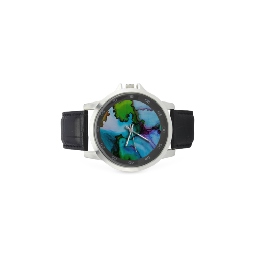 Blue green ink Unisex Stainless Steel Leather Strap Watch(Model 202)
