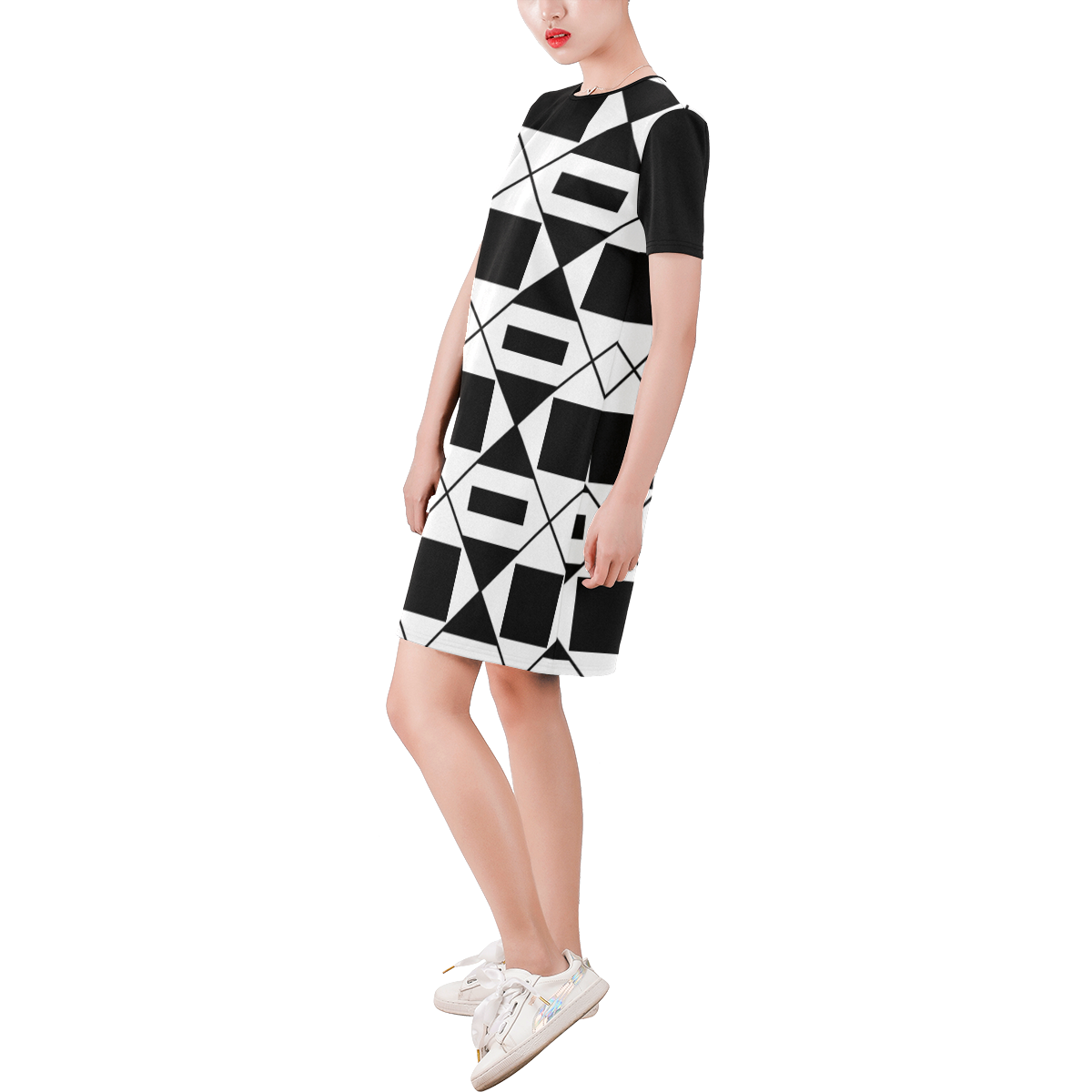 Abstract geometric pattern - black and white. Short-Sleeve Round Neck A-Line Dress (Model D47)