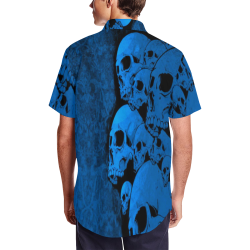 Gothic Blue Skull Satin Dress Shirt Men's Short Sleeve Shirt with Lapel Collar (Model T54)