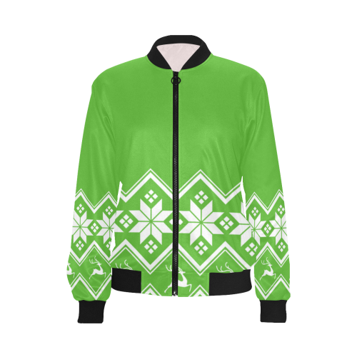 Christmas Reindeer Snowflake Green All Over Print Bomber Jacket for Women (Model H36)