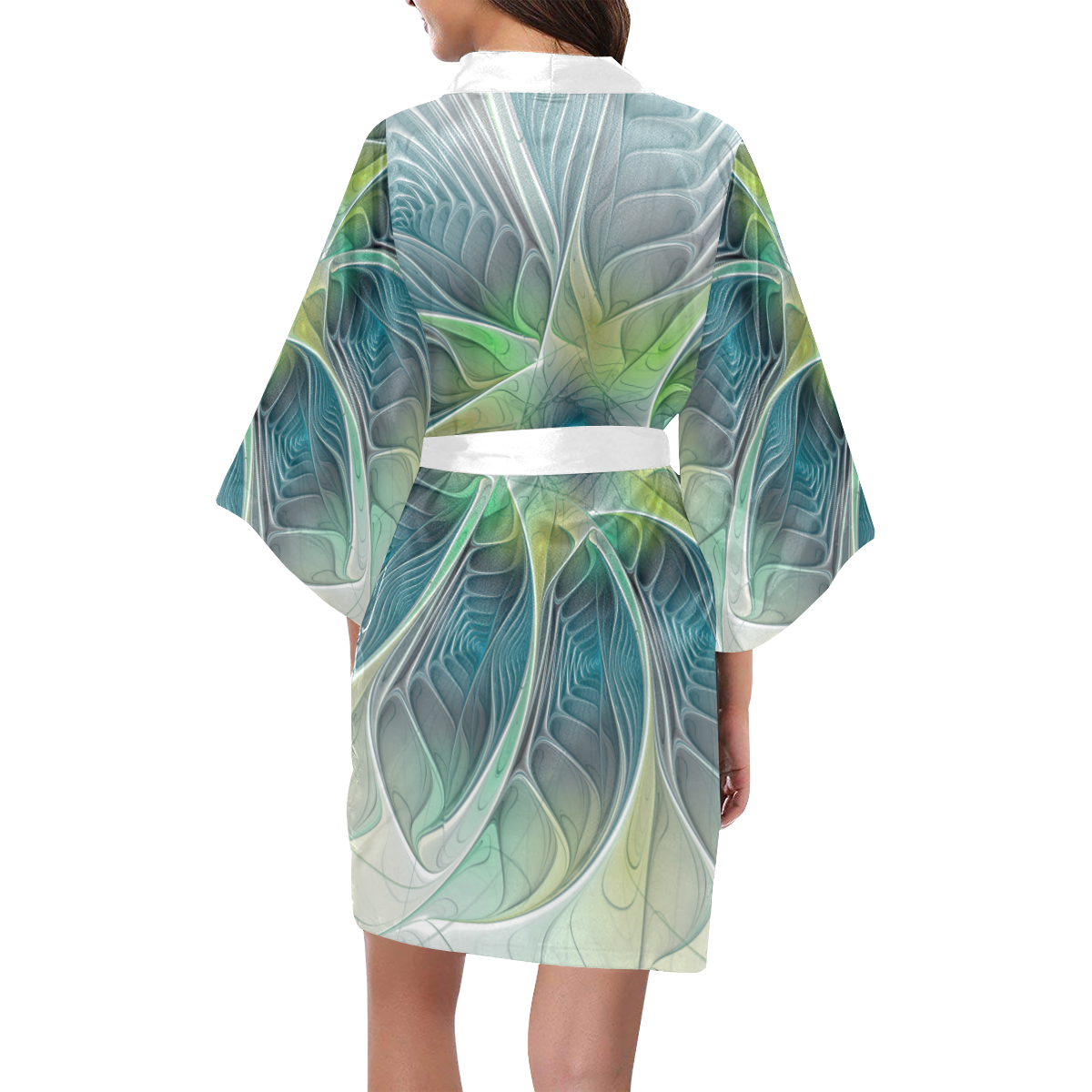 Floral Fantasy Abstract Blue Green Fractal Art Flower Kimono Robe