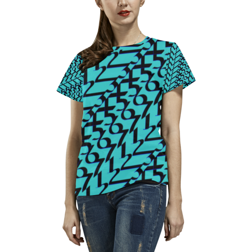NUMBERS Collection 1234567 TEAL/BLACK All Over Print T-Shirt for Women (USA Size) (Model T40)