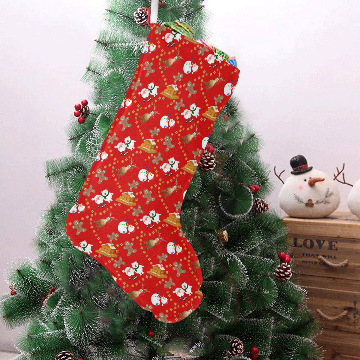 Christmas Gingerbread Snowman and Santa Claus Christmas Stocking (Without Folded Top)