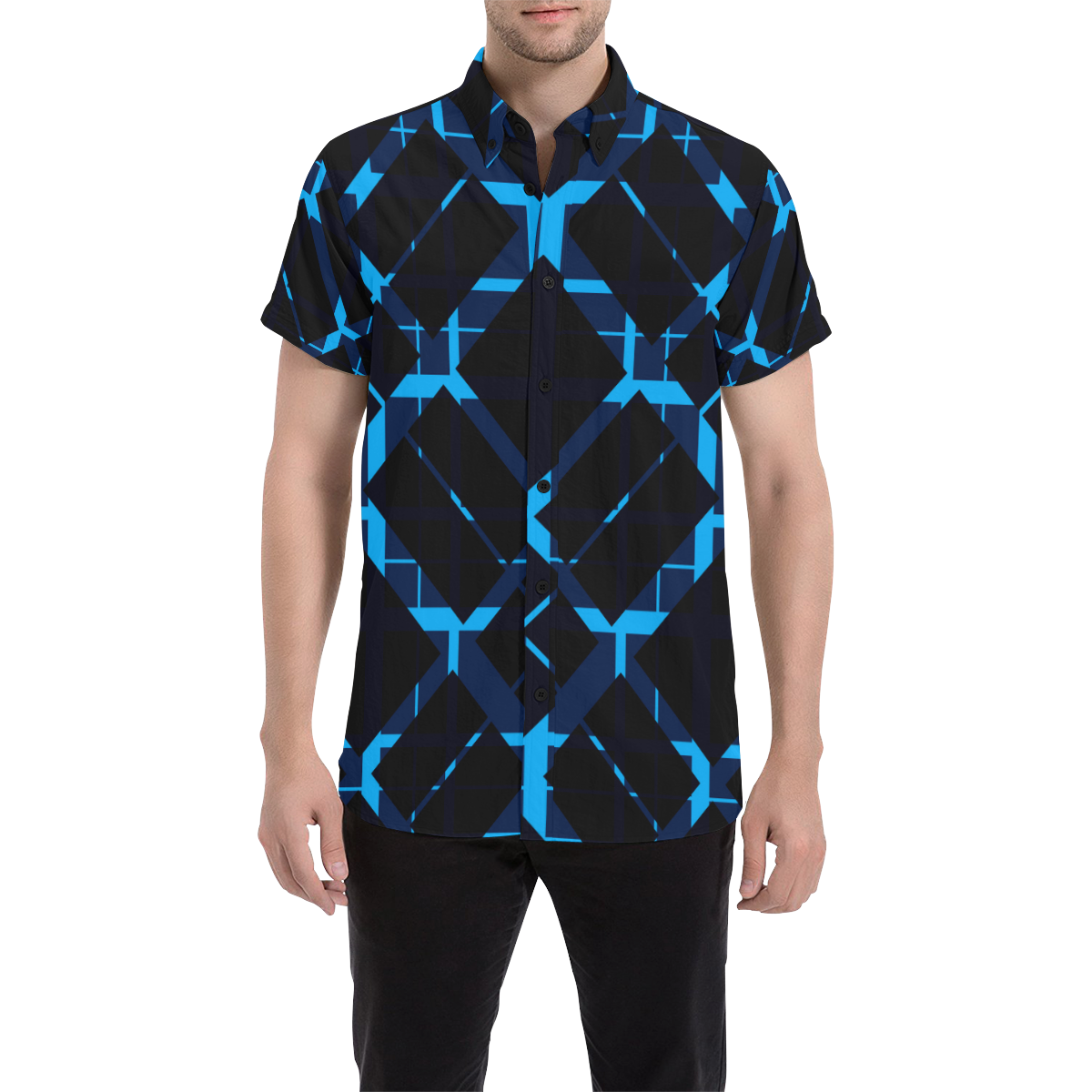 Diagonal Blue & Black Plaid Modern Style Men's All Over Print Short Sleeve Shirt/Large Size (Model T53)
