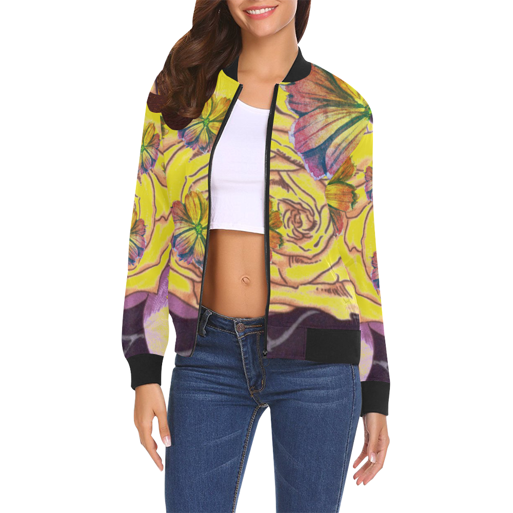 Multicolor Watercolor Flowers Yellow Purple Green All Over Print Bomber Jacket for Women (Model H19)
