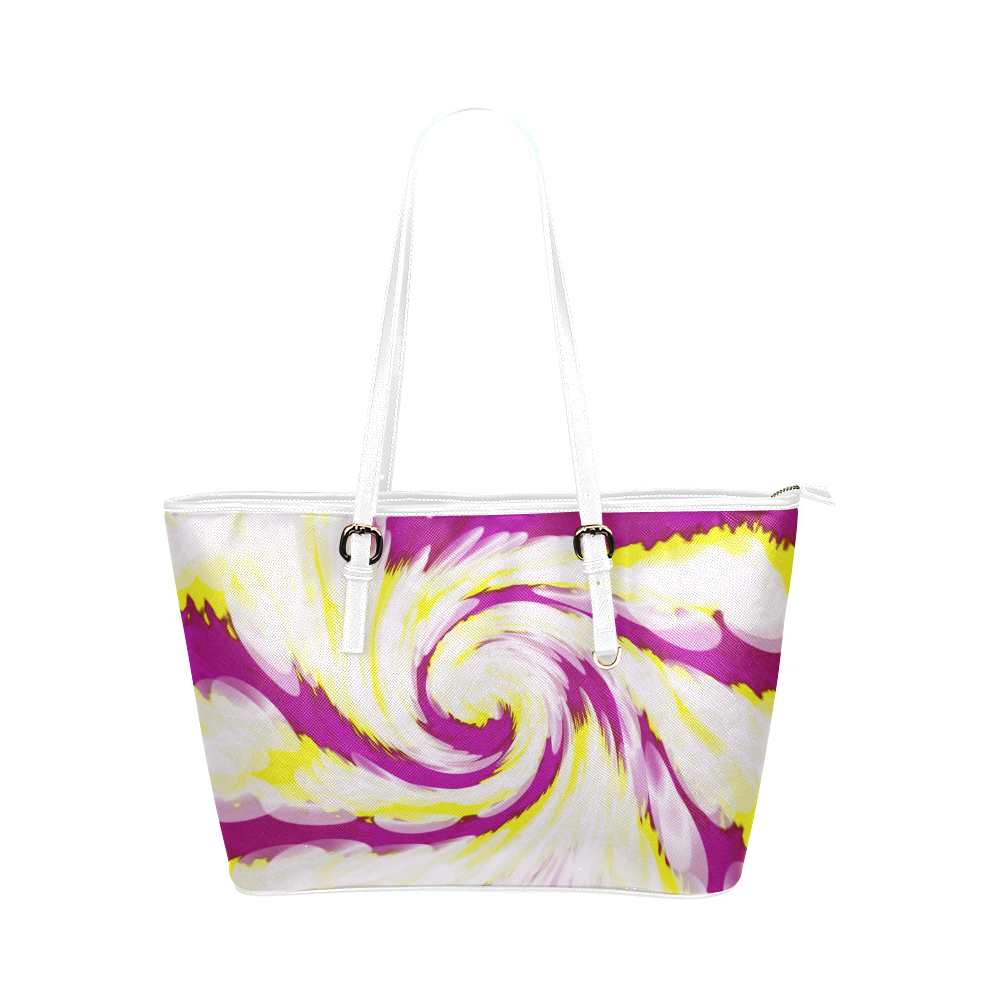 Pink Yellow Tie Dye Swirl Abstract Leather Tote Bag/Small (Model 1651)