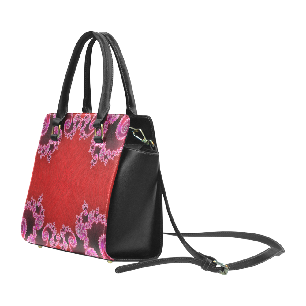 Red Pink Mauve Hearts and Lace Fractal Abstract 2 Rivet Shoulder Handbag (Model 1645)