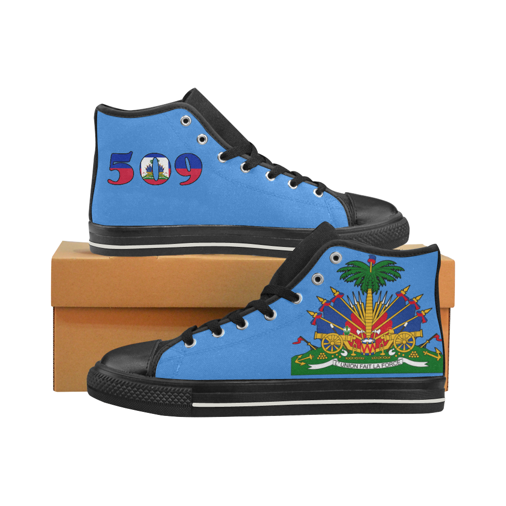 Haitian Flag High Top Canvas Shoes for Kid (Model 017)