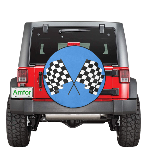 Checkered Race Flags on Black and Blue 32 Inch Spare Tire Cover
