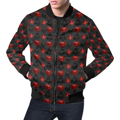 Las Vegas Black and Red Casino Poker Card Shapes on Charcoal All Over Print Bomber Jacket for Men (Model H19)