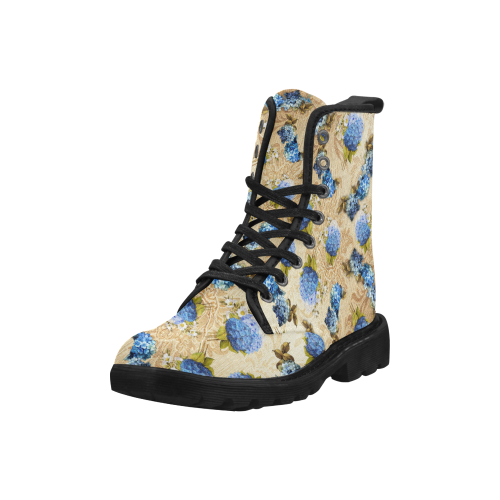 watercolor Hydrangeas on VINTAGE GOLD Martin Boots for Women (Black) (Model 1203H)