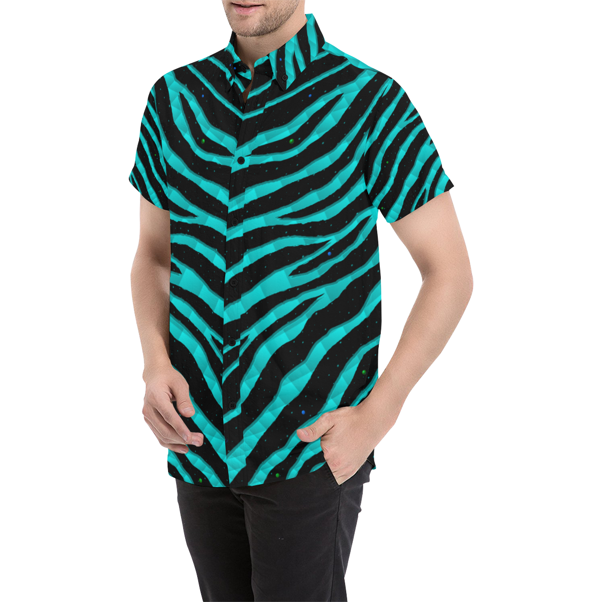 Ripped SpaceTime Stripes - Cyan Men's All Over Print Short Sleeve Shirt (Model T53)