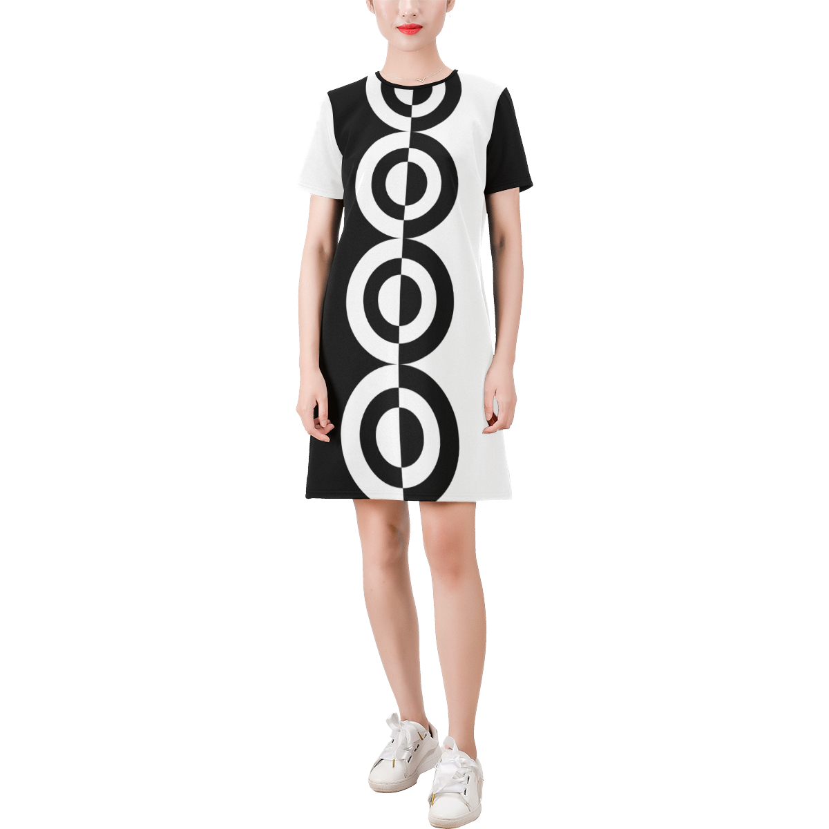 Retro Mod Targets Black and White by ArtformDesigns Short-Sleeve Round Neck A-Line Dress (Model D47)
