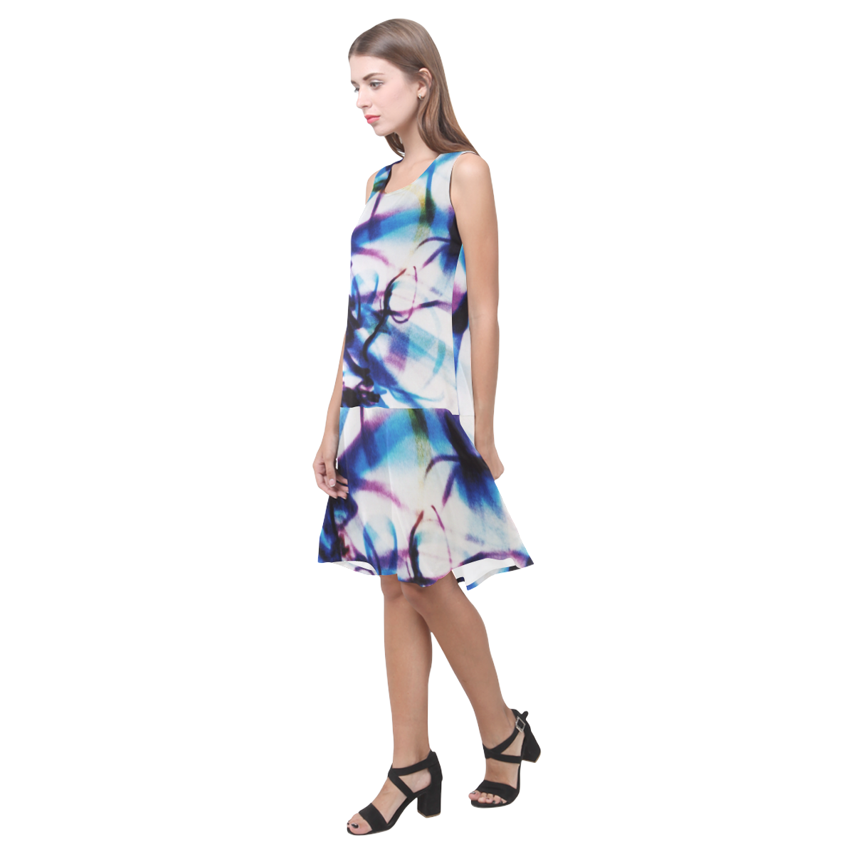 Abstract Photographic Drawing Sleeveless Splicing Shift Dress(Model D17)