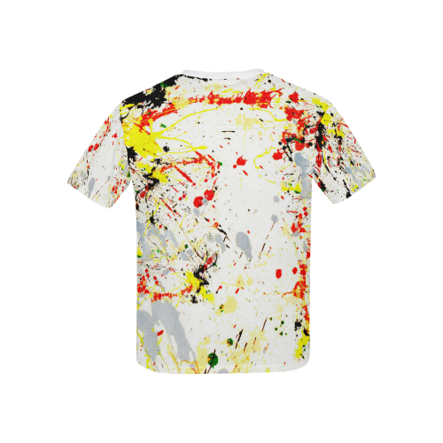 Black, Red, Yellow Paint Splatter (White Trim) Kids' All Over Print T-Shirt with Solid Color Neck (Model T40)