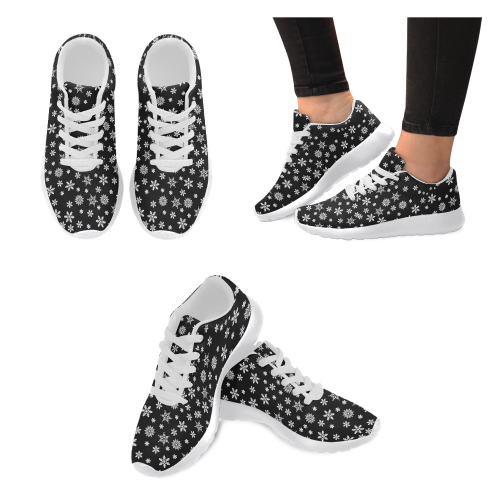 Christmas White Snowflakes on Black Women’s Running Shoes (Model 020)
