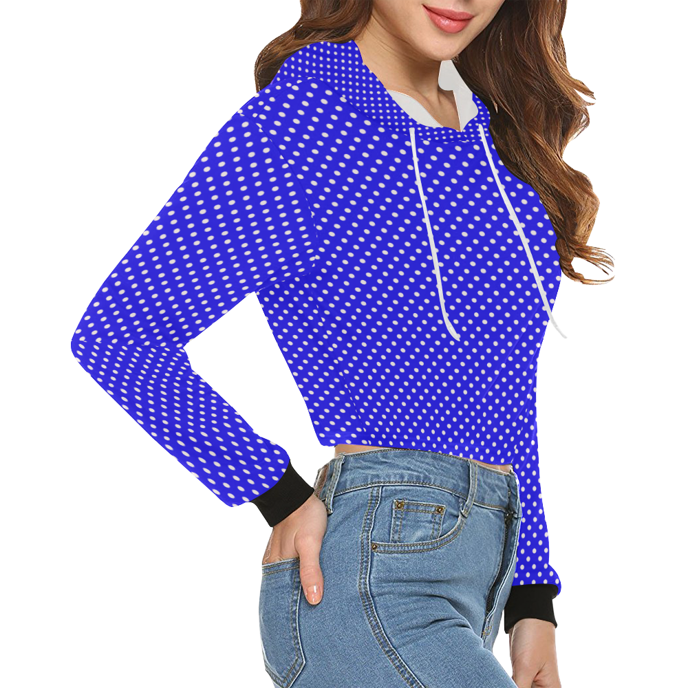 Blue polka dots All Over Print Crop Hoodie for Women (Model H22)