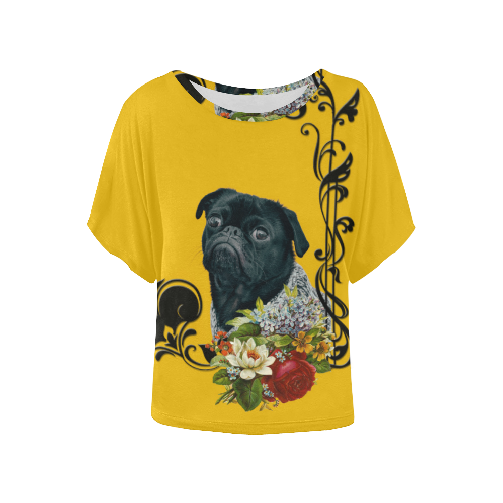 Romantic Old School Pug Women's Batwing-Sleeved Blouse T shirt (Model T44)