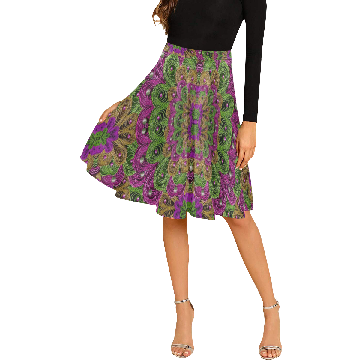 Peacock lace in the nature Melete Pleated Midi Skirt (Model D15)
