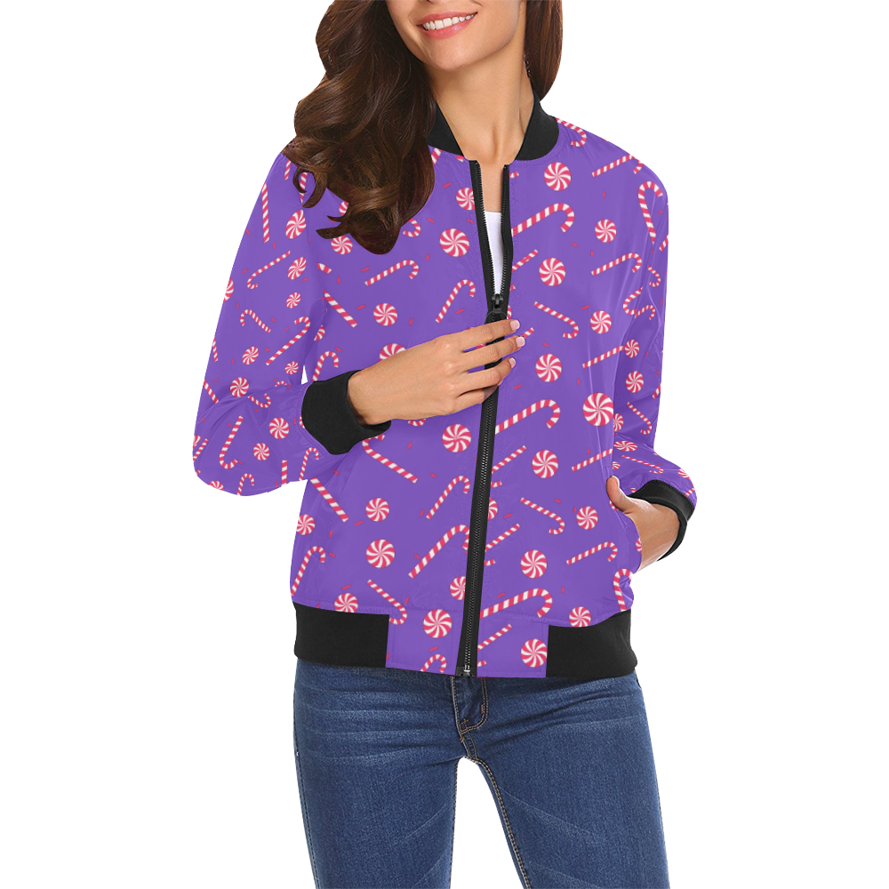 Candy CANE CHRISTMAS Pattern PURPLE All Over Print Bomber Jacket for Women (Model H19)