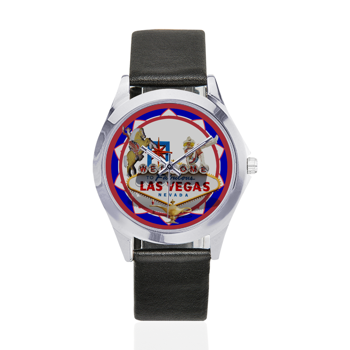 LasVegasIcons Poker Chip - Vegas Sign Unisex Silver-Tone Round Leather Watch (Model 216)