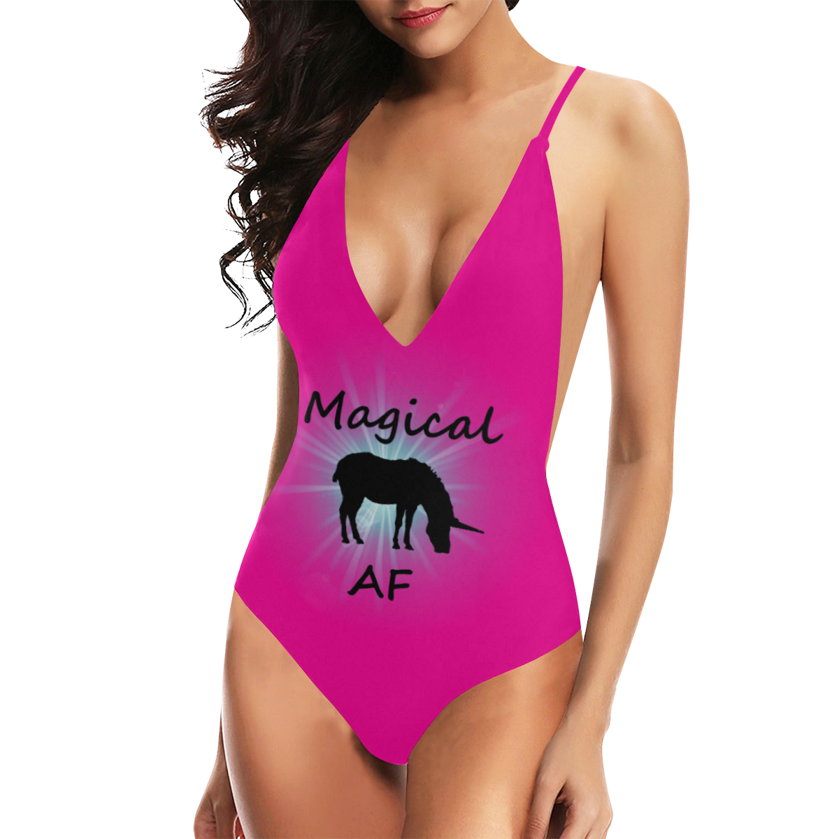 unicorn magical af pink Sexy Lacing Backless One-Piece Swimsuit (Model S10)