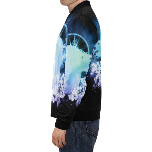 Amazing polar bear, blue flowers All Over Print Bomber Jacket for Men/Large Size (Model H19)