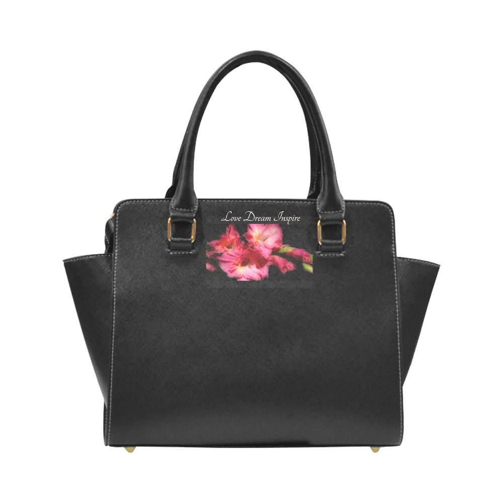 Black: Pink Gladiolus #LoveDreamInspireCo Rivet Shoulder Handbag (Model 1645)