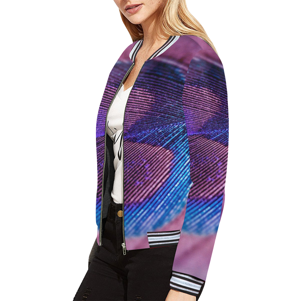 Purple Peacock Feather All Over Print Bomber Jacket for Women (Model H21)